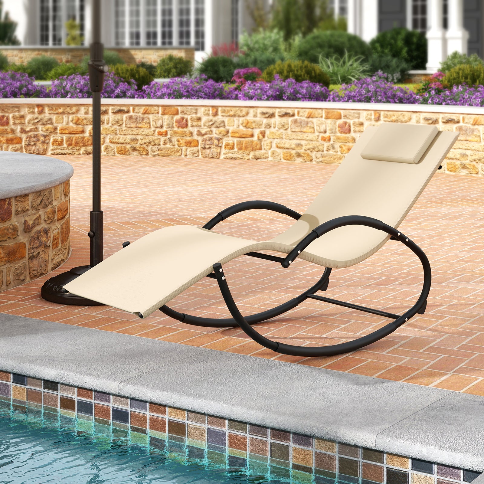 Outdoor Rocking Lounge Chair with Removable Headrest-Beige