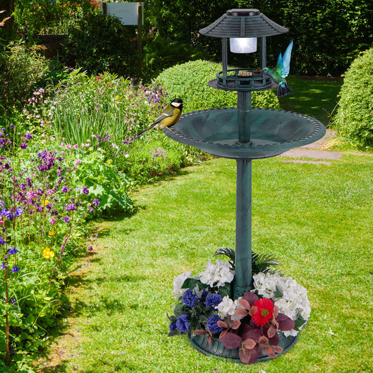 Outdoor Solar Lighted Bird Bath with Flower Planter Base-Bronze