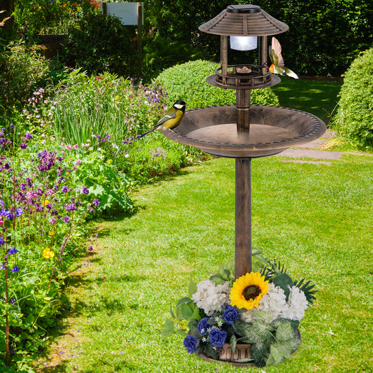 Outdoor Solar Lighted Bird Bath with Flower Planter Base-Antique