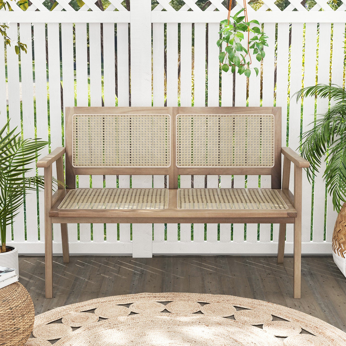 Outdoor Teak Wood Garden Bench with Armrests Rattan Backrest and Seat