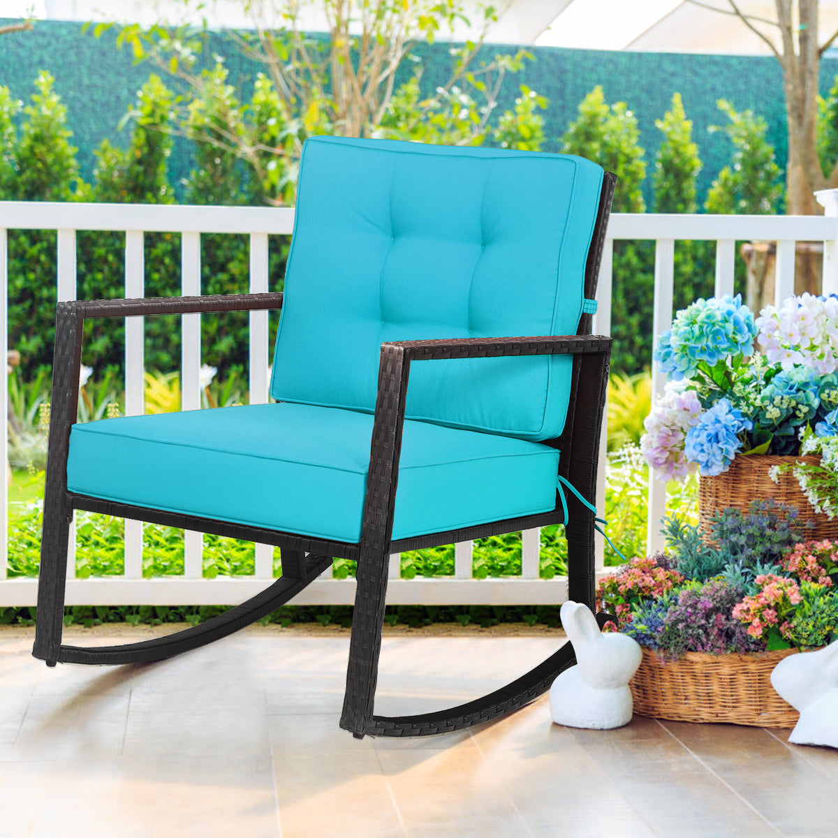 Outdoor Wicker Rocking Chair with Heavy-Duty Steel Frame-Turquoise