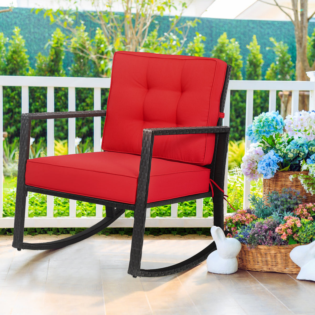 Outdoor Wicker Rocking Chair with Heavy-Duty Steel Frame-Red