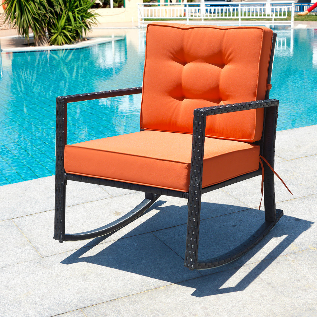 Outdoor Wicker Rocking Chair with Heavy-Duty Steel Frame-Orange