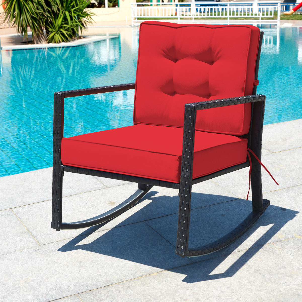 Outdoor Wicker Rocking Chair with Heavy-Duty Steel Frame-Red