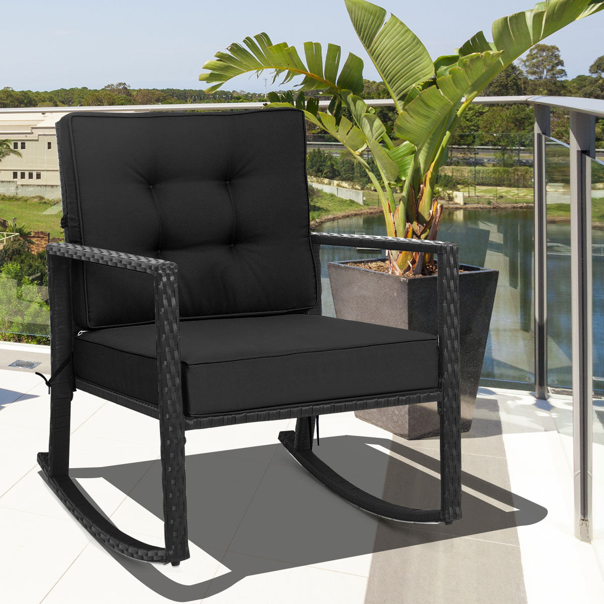 Outdoor Wicker Rocking Chair with Heavy-Duty Steel Frame-Black