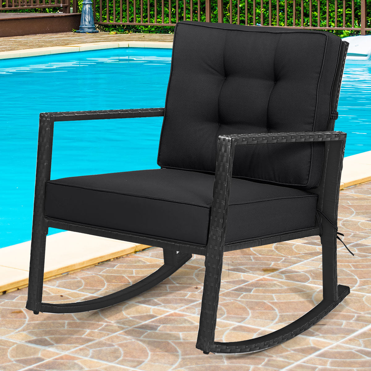 Outdoor Wicker Rocking Chair with Heavy-Duty Steel Frame-Black