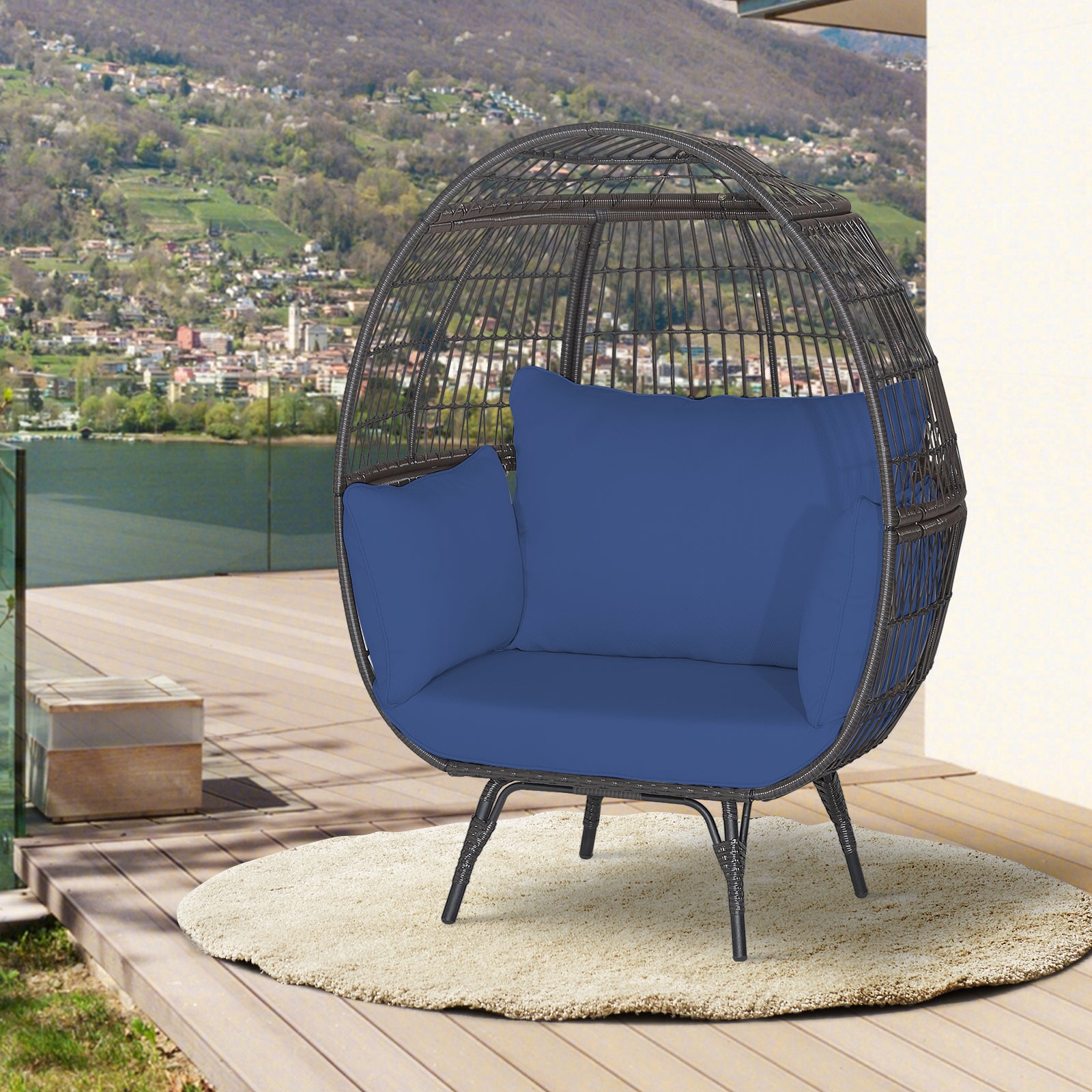 Oversized Patio Wicker Egg Lounge Chair with 4 Soft Cushions-Navy