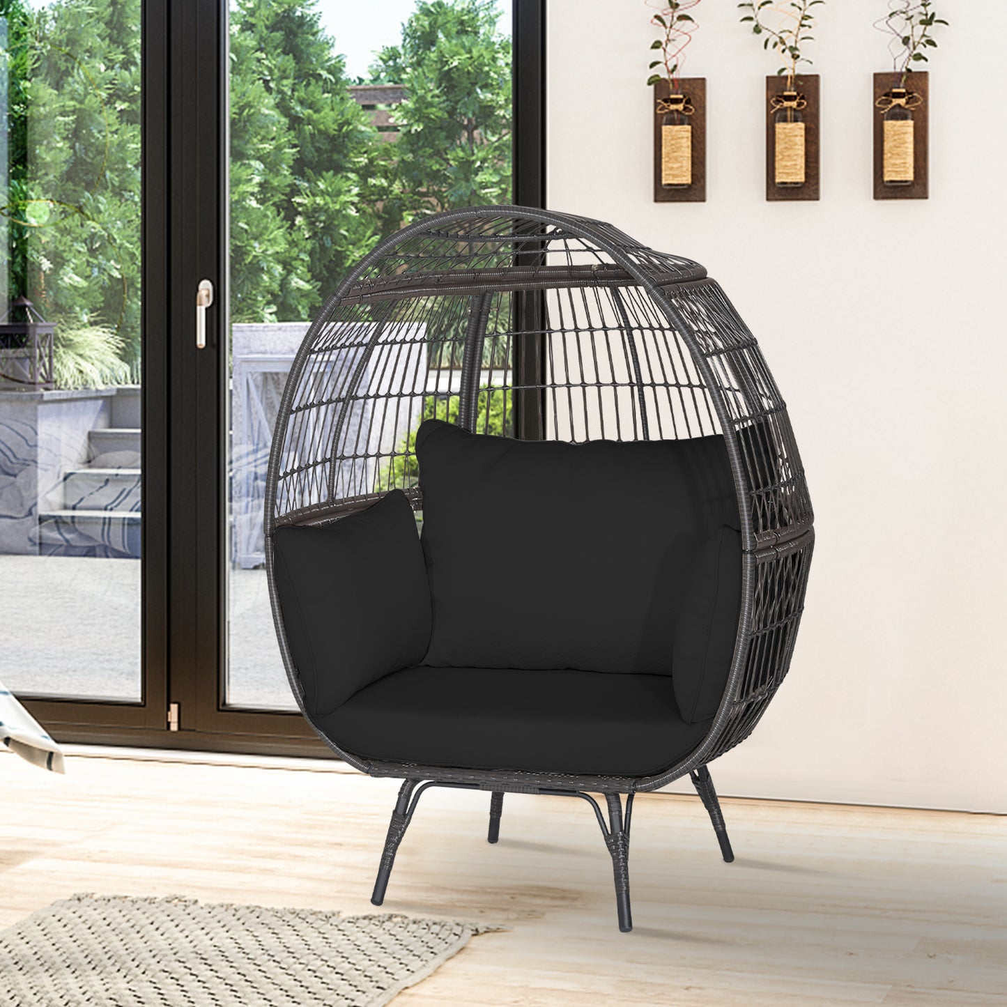 Oversized Patio Wicker Egg Lounge Chair with 4 Soft Cushions-Black