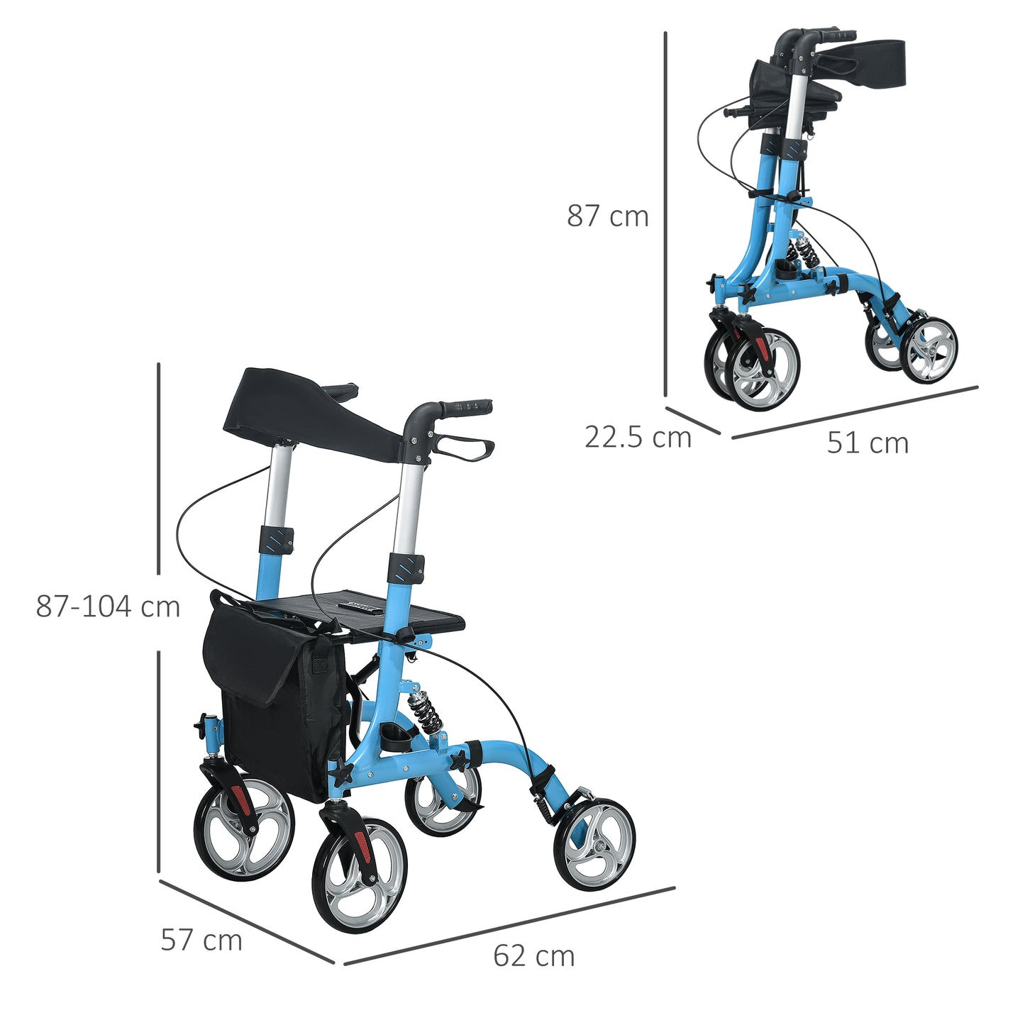 HOMCOM 4 Wheel Rollator with Seat & Back, Lightweight Folding Mobility Walker w/ Large Wheels, Carry Bag, Adjustable Height, Dual Brakes, Blue