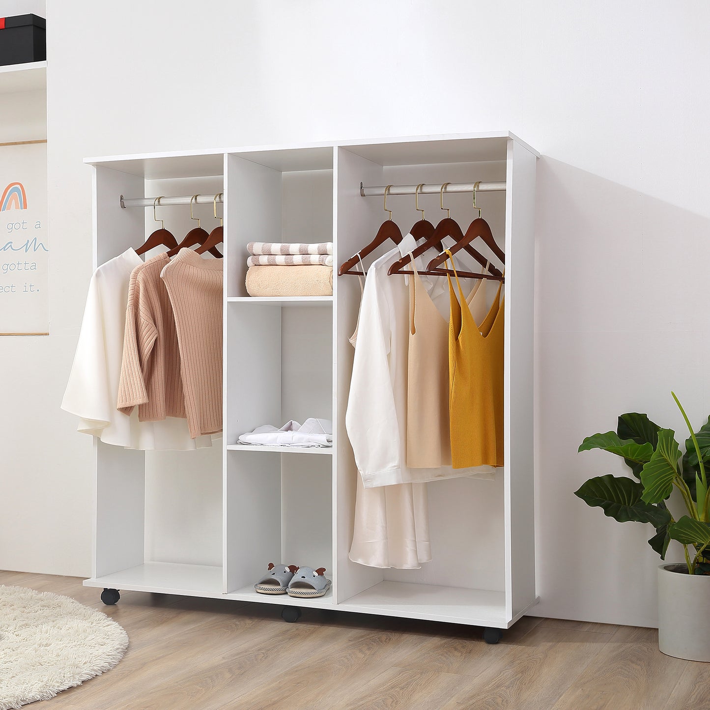 HOMCOM Double Mobile Open Wardrobe With Clothes Hanging Rails Storage Shelves Organizer Bedroom Furniture - White