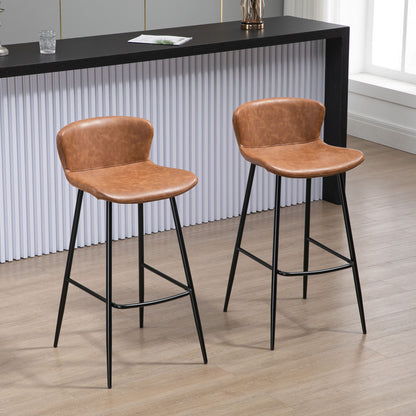 HOMCOM Bar Stools Set of 2, PU Leather Upholstered Bar Chairs, Kitchen Stools with Backs and Steel Legs for Dining Room, Brown