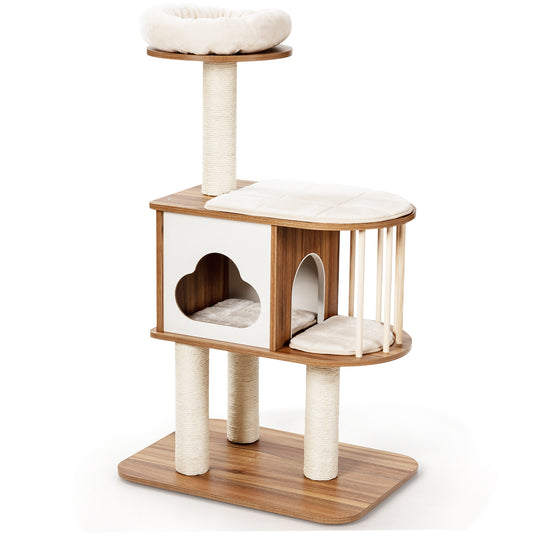 Modern Wooden Cat Tower with Platform-Brown