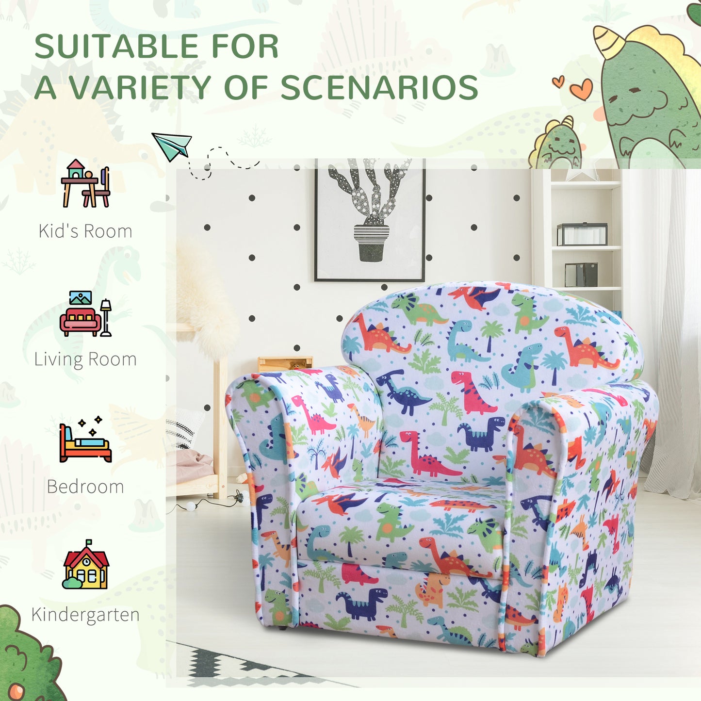 HOMCOM Children Armchair Kids Sofa Tub Chair Seat Cartoon Dinosaur Pattern Bedroom Flannel Wooden Frame Non-slip Playroom Seater