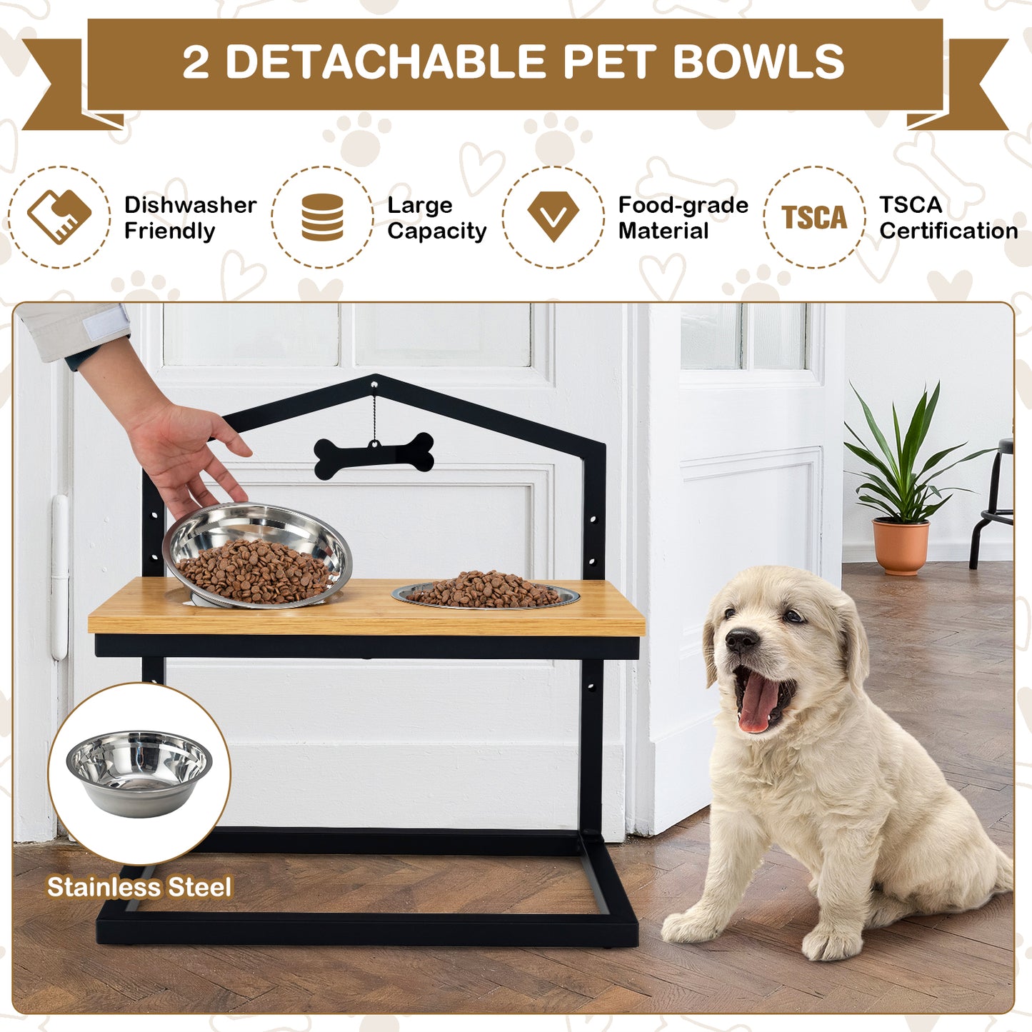 Elevated Pet Feeder with 2 Detachable Stainless Steel Bowl-Natural