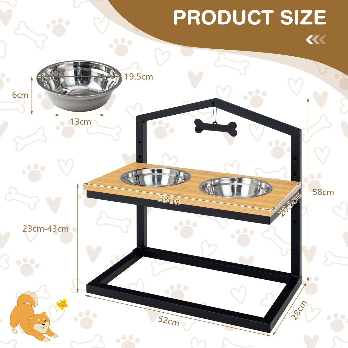 Elevated Pet Feeder with 2 Detachable Stainless Steel Bowl-Natural