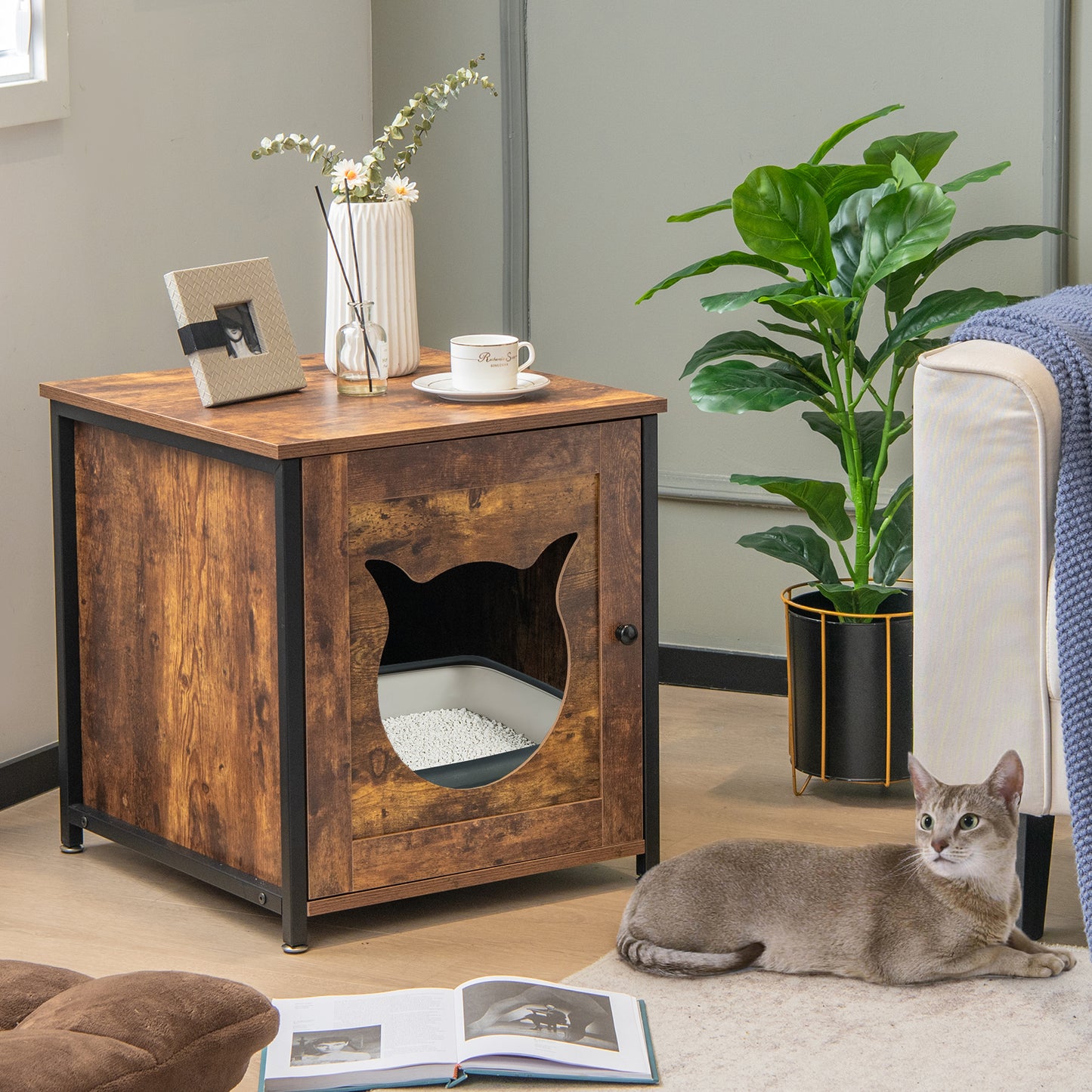 Cat Litter Box Enclosure with Door and Ventilated Hole-Brown