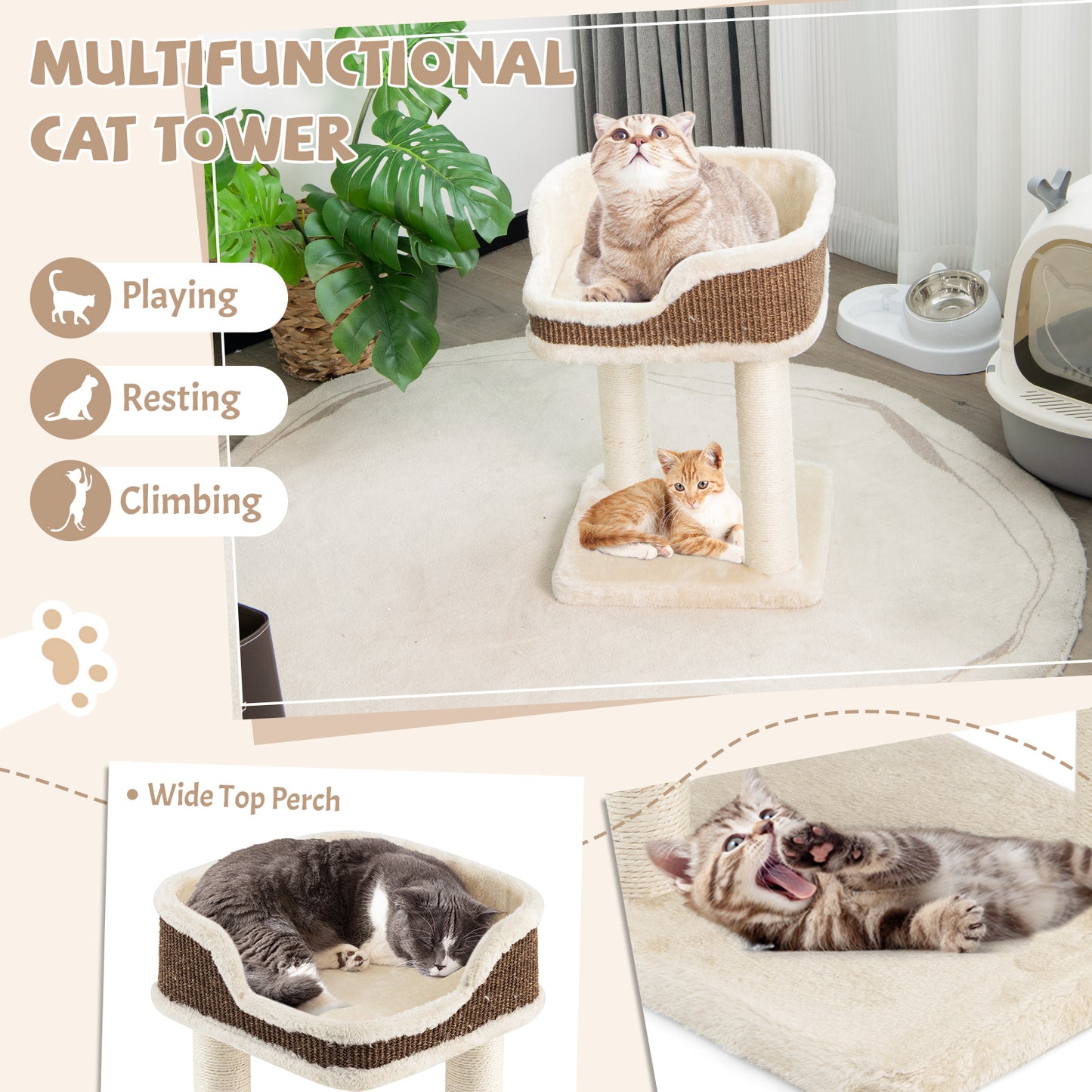 2 Levels Cat Tree with Soft Plush Perch and Scratching Posts-Beige