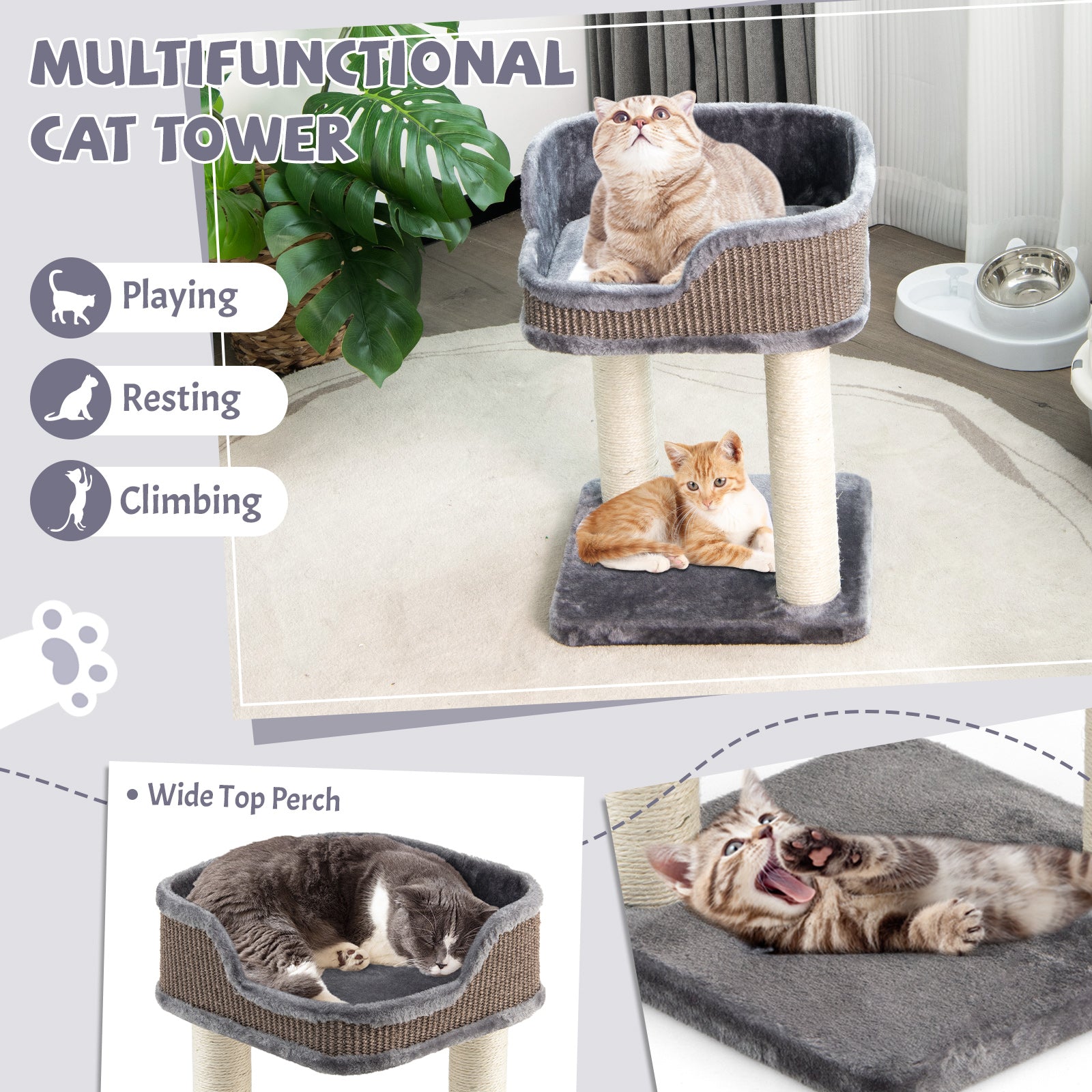 2 Levels Cat Tree with Soft Plush Perch and Scratching Posts-Grey