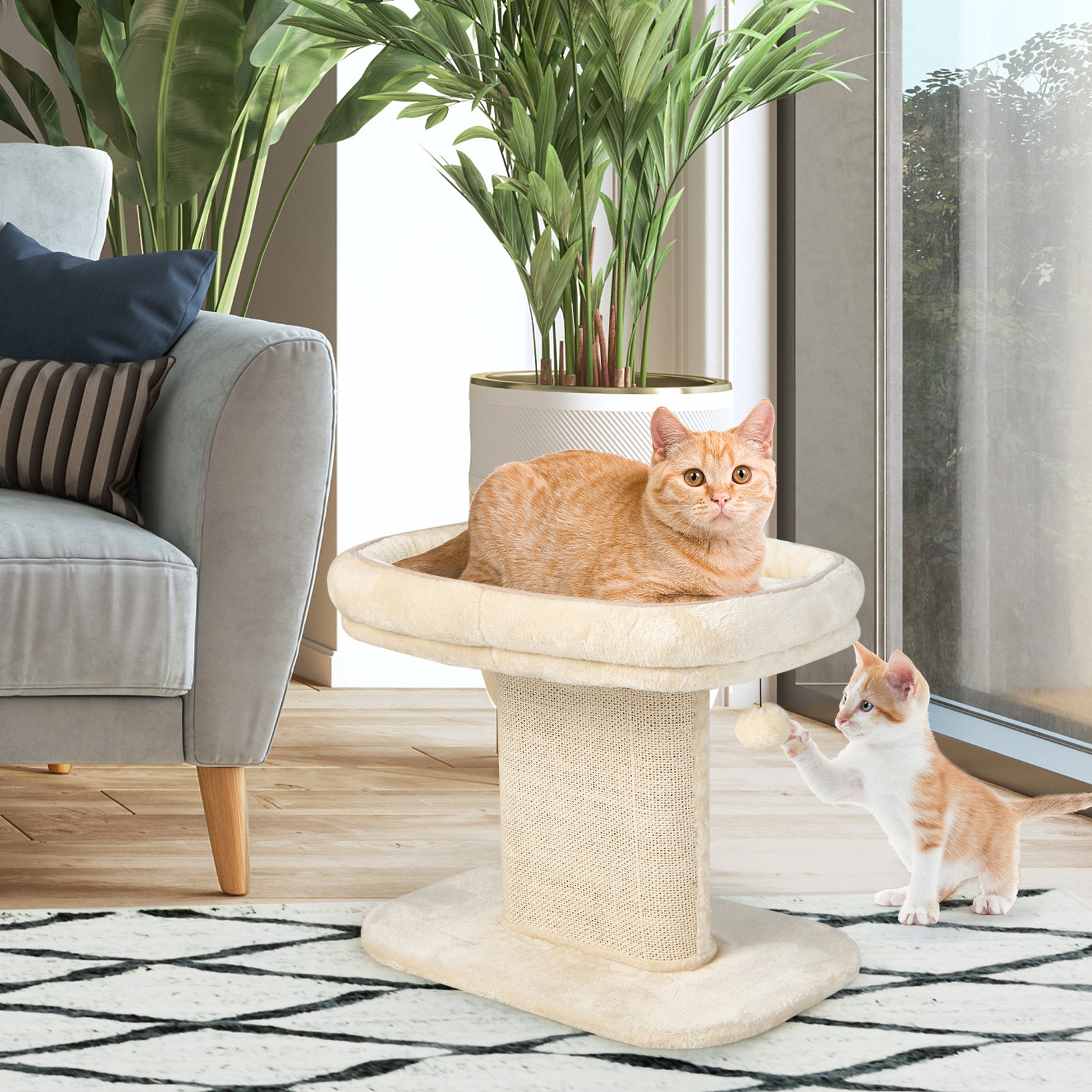 2-Tier Cat Tree with Sleeping Perch Sisal Scratching Plate and Ball-Beige