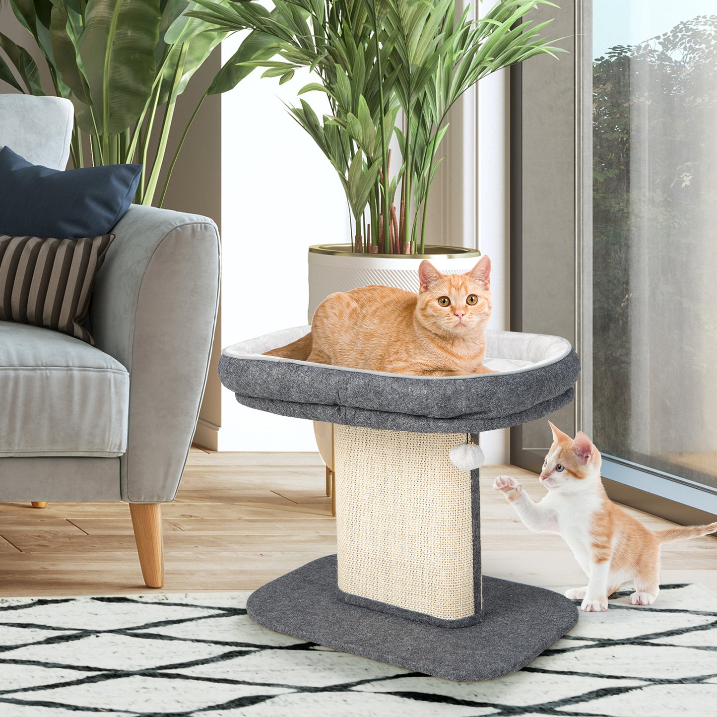 2-Tier Cat Tree with Sleeping Perch Sisal Scratching Plate and Ball-Grey