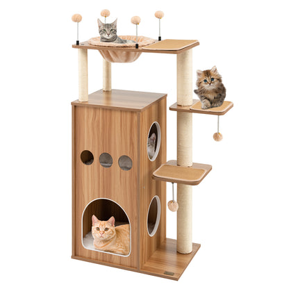 Multi-Level Wooden Cat Tree with Hammock and Scratch Posts