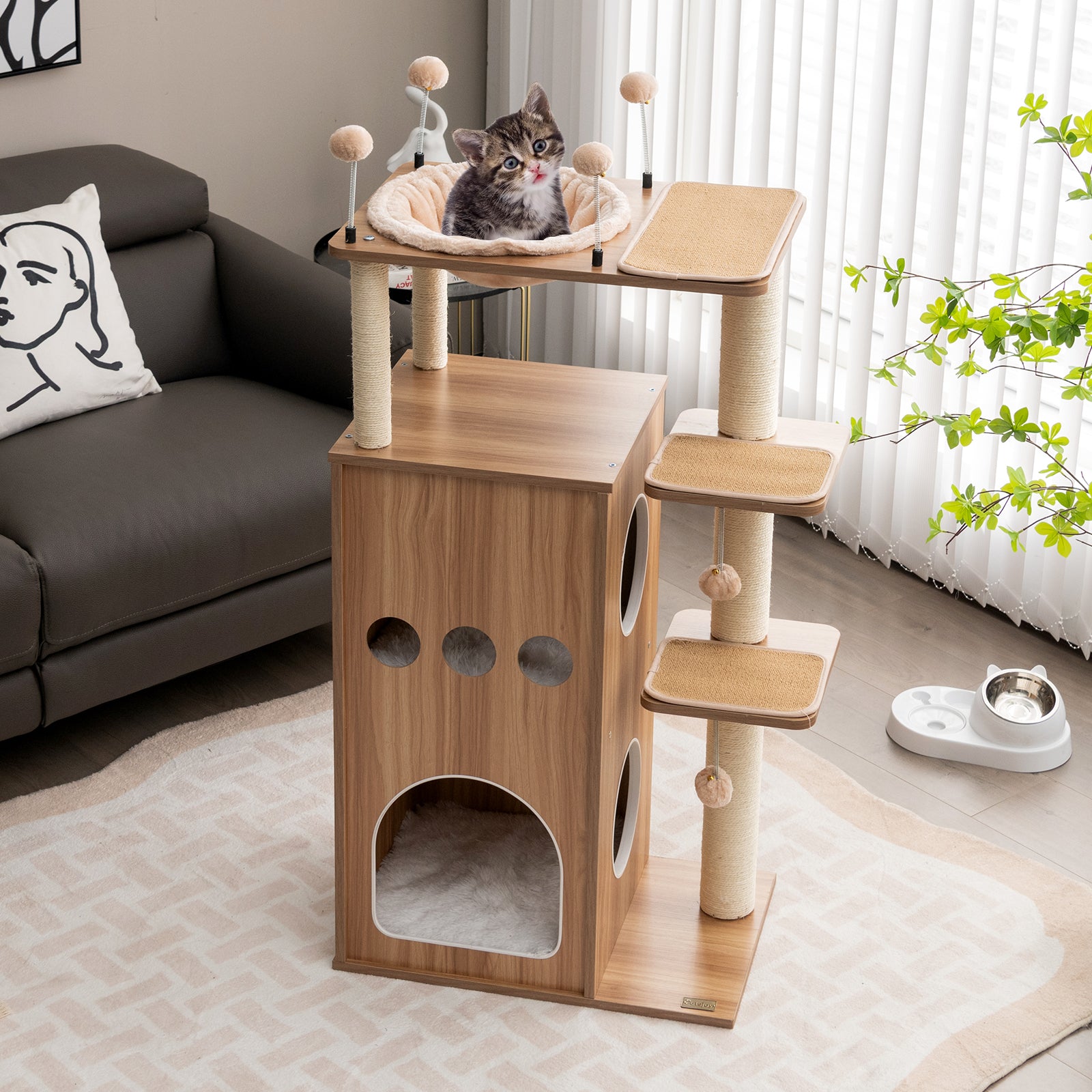 Multi-Level Wooden Cat Tree with Hammock and Scratch Posts