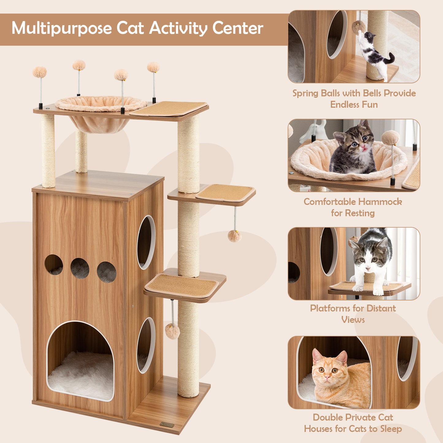 Multi-Level Wooden Cat Tree with Hammock and Scratch Posts