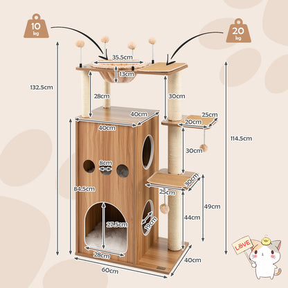 Multi-Level Wooden Cat Tree with Hammock and Scratch Posts