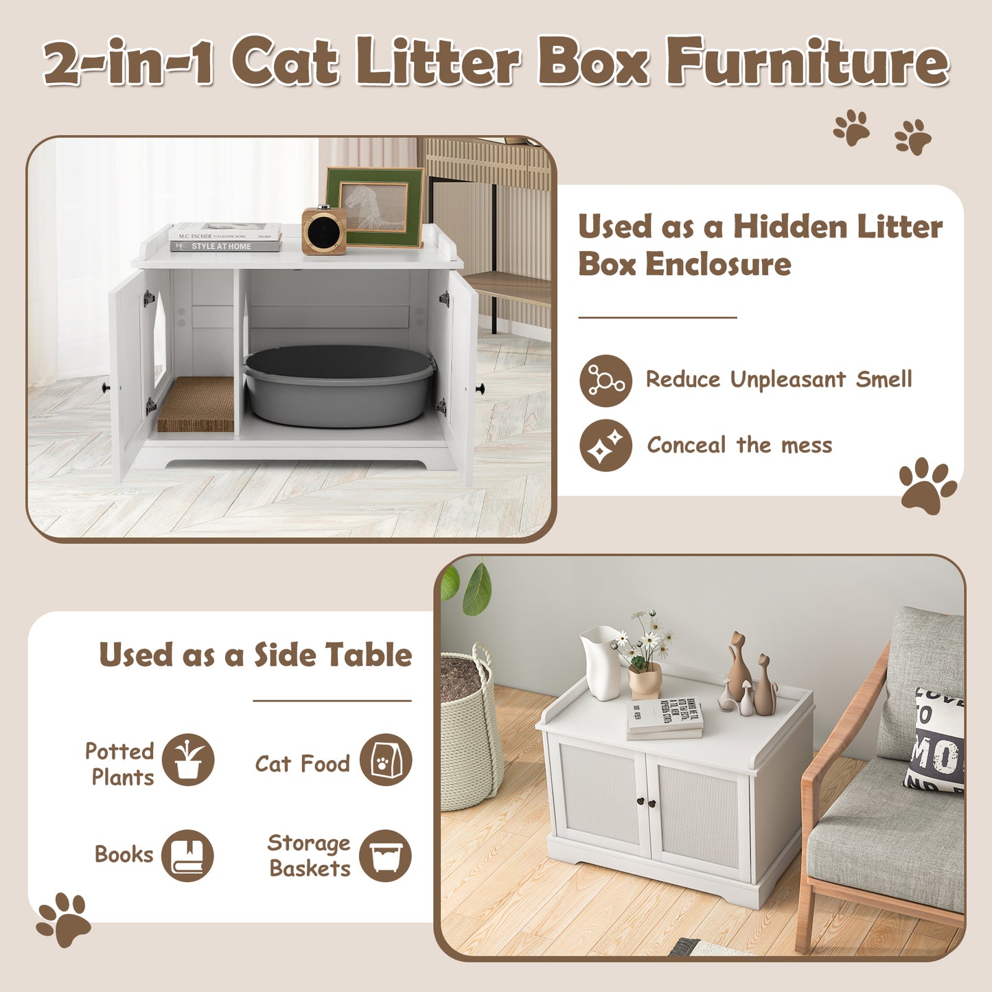 Cat Litter Box Enclosure with Scratching Pad and Adjustable Divider-White