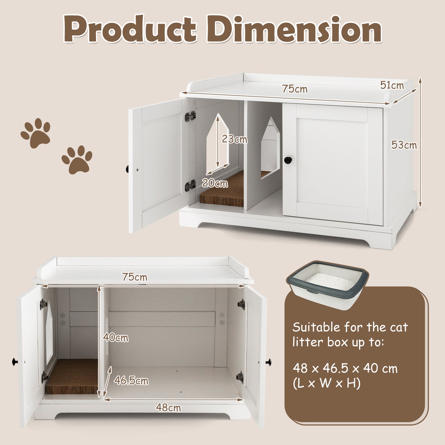 Cat Litter Box Enclosure with Scratching Pad and Adjustable Divider-White