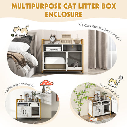 Wooden Cat Litter Box Enclosure with Compartments and Scratching Board-Marble White