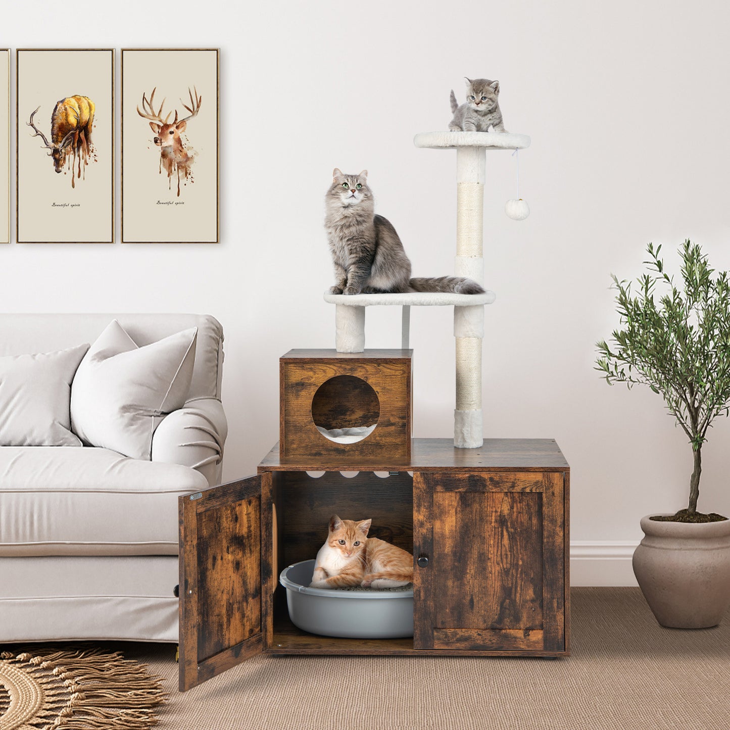 Cat Litter Box Enclosure with Cat Tree and Kitty Condo-Rustic Brown