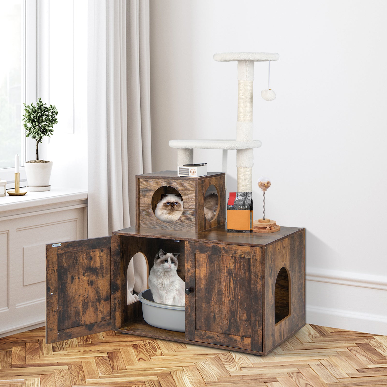 Cat Litter Box Enclosure with Cat Tree and Kitty Condo-Rustic Brown