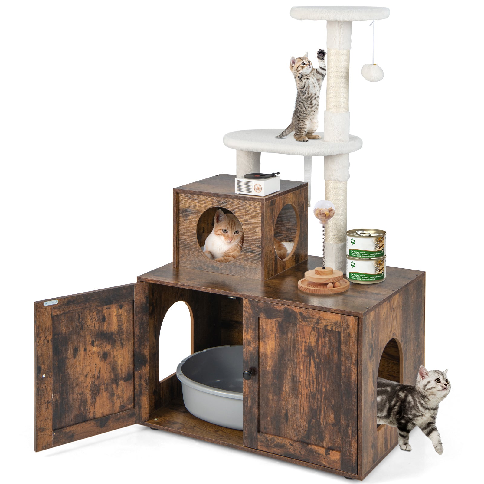 Cat Litter Box Enclosure with Cat Tree and Kitty Condo-Rustic Brown