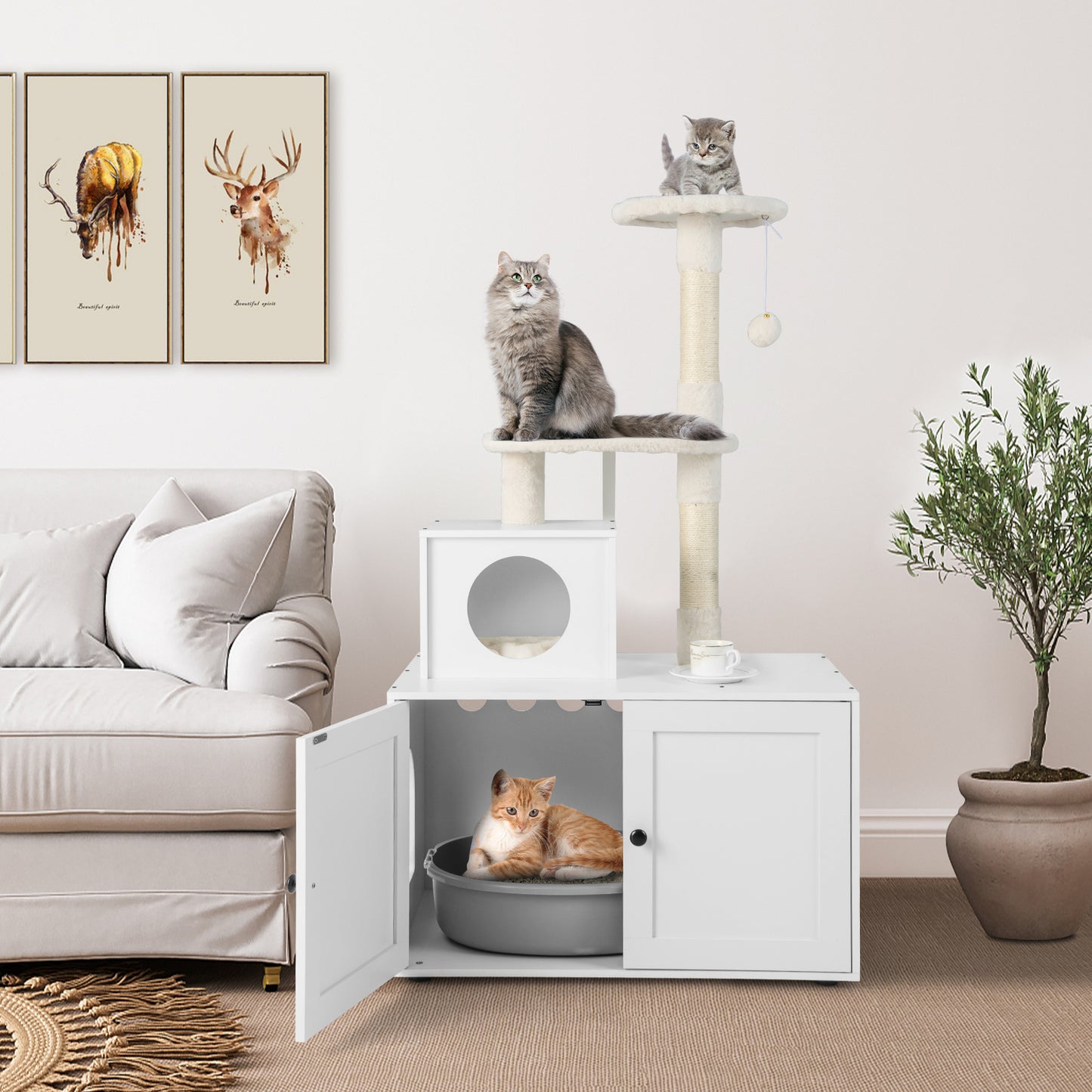 Cat Litter Box Enclosure with Cat Tree and Kitty Condo-White