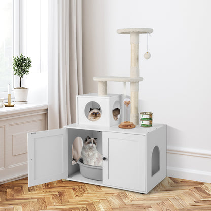 Cat Litter Box Enclosure with Cat Tree and Kitty Condo-White