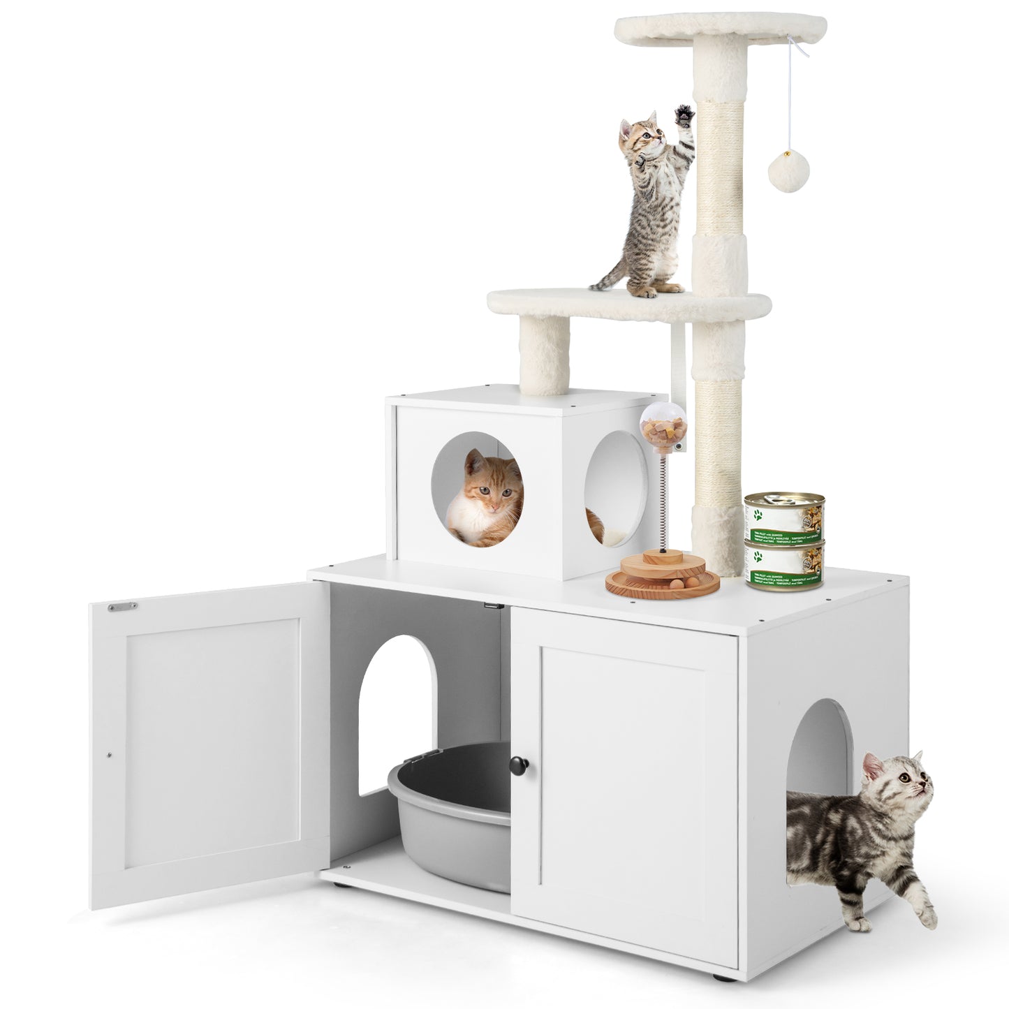 Cat Litter Box Enclosure with Cat Tree and Kitty Condo-White