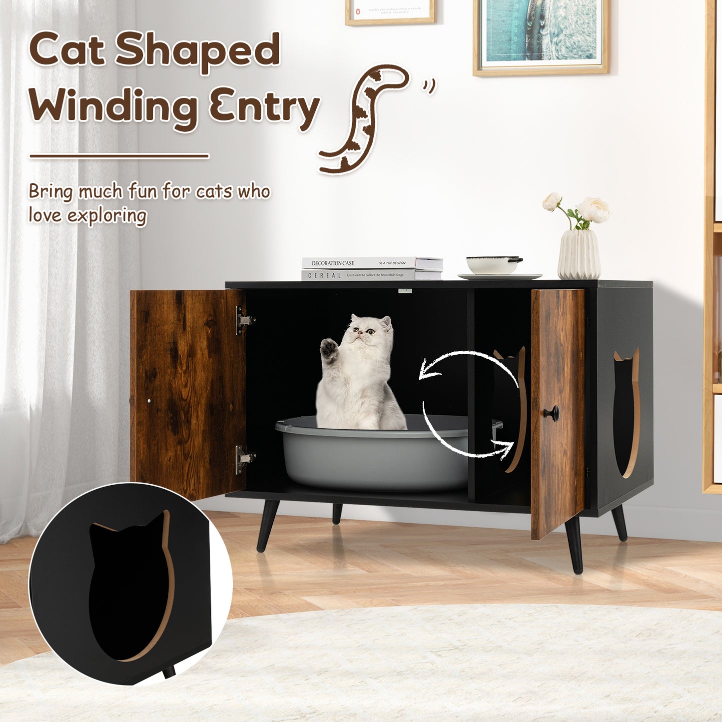 Modern Cat Litter Box Enclosure with Divider and 2 Cat Head-Shaped Entries