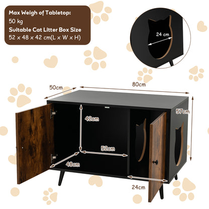 Modern Cat Litter Box Enclosure with Divider and 2 Cat Head-Shaped Entries