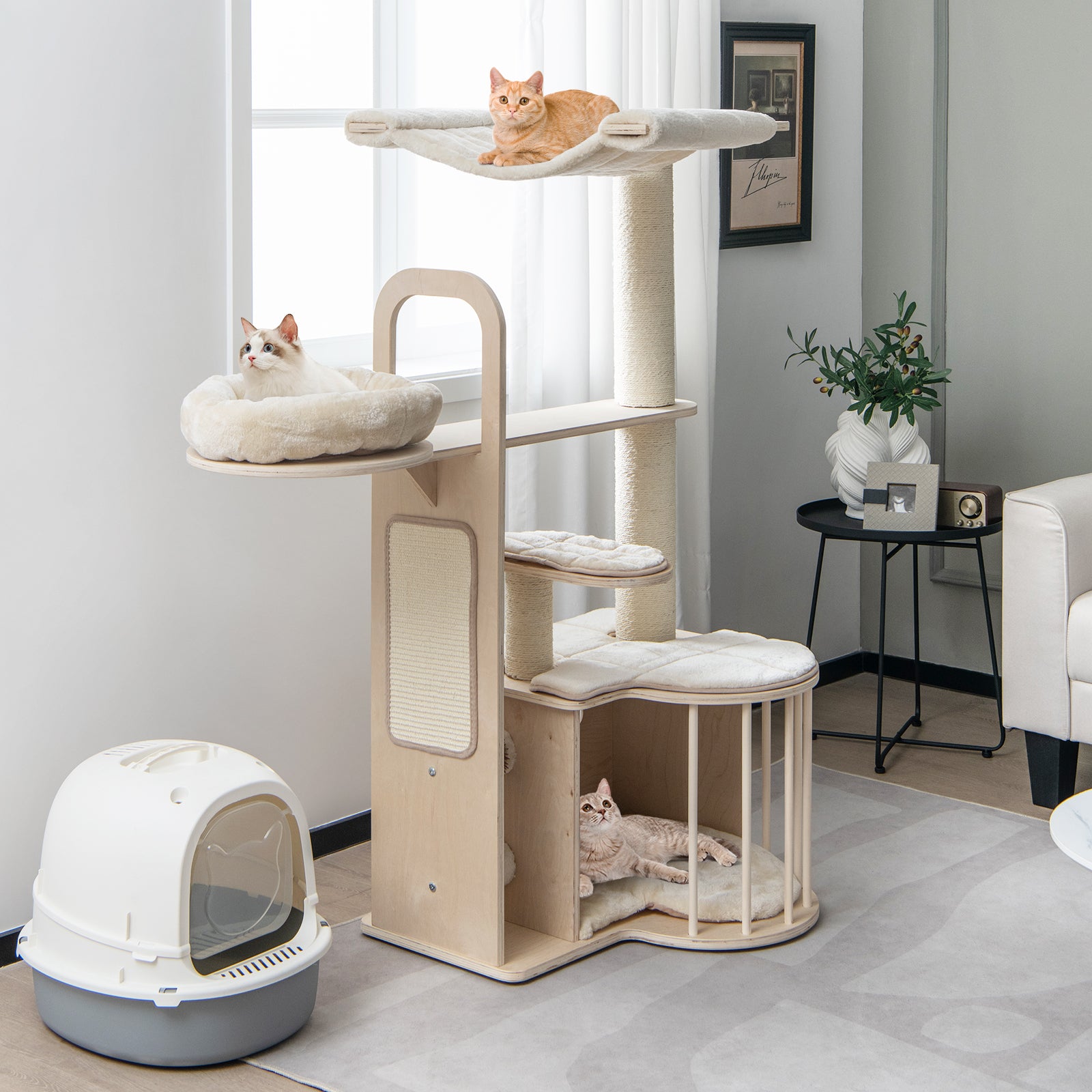 Tall Cat Tree with Hammock Condo and Sisal Scratching Posts-Natural