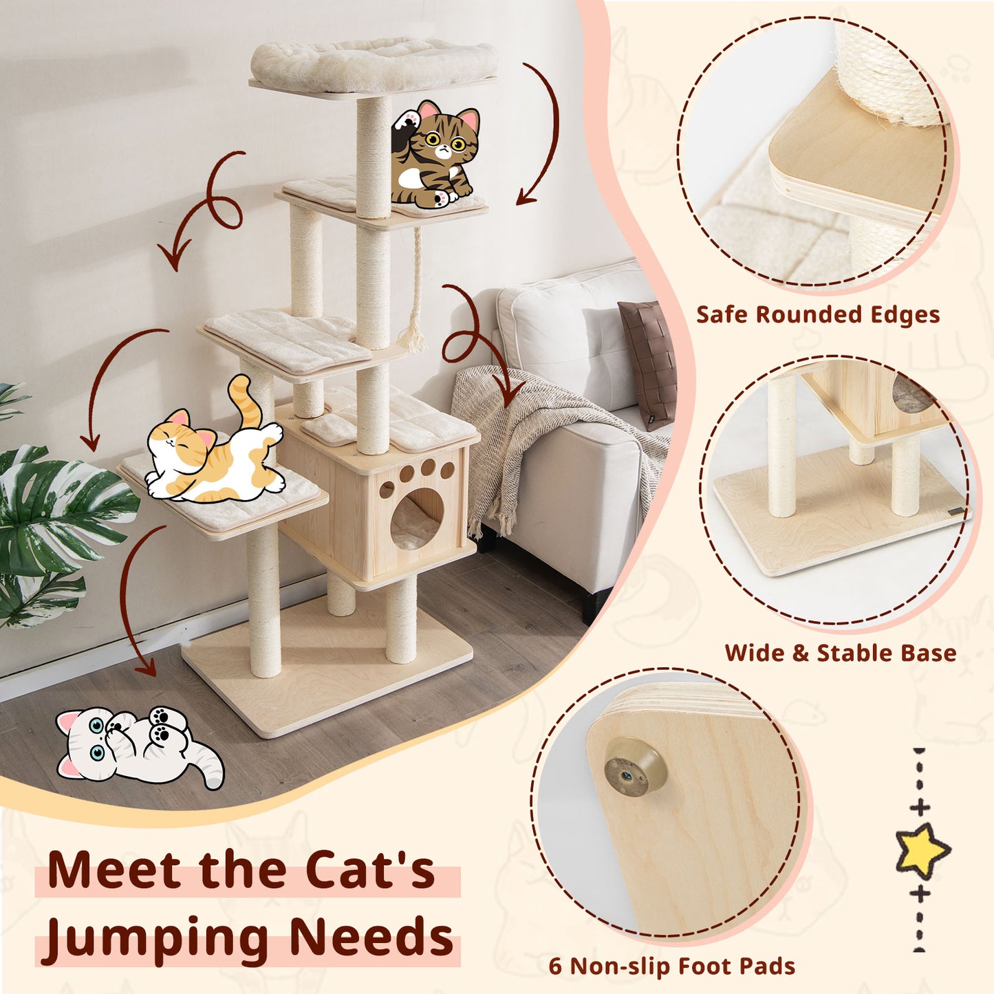 170cm Tall Cat Tree with Scratching Posts Perch Condo and Cushion-Natural