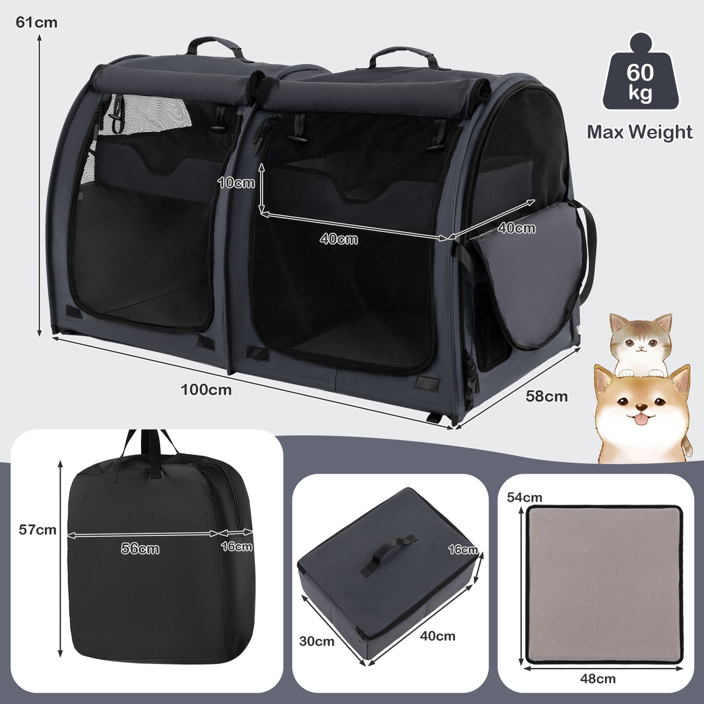 2 Compartments Pet Travel Carriers with Removable Hammocks and Mats-Black