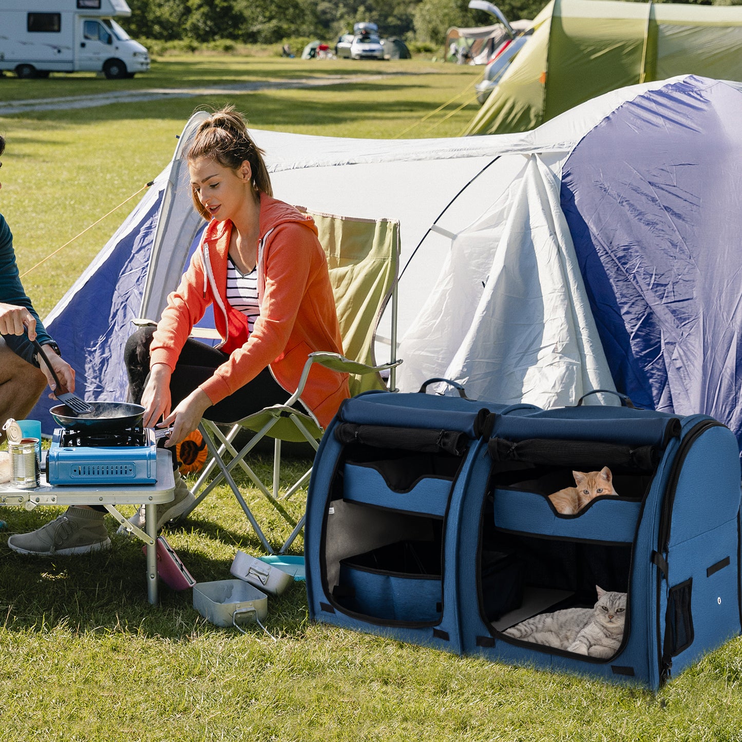 2 Compartments Pet Travel Carriers with Removable Hammocks and Mats-Navy