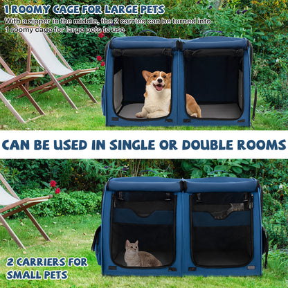 2 Compartments Pet Travel Carriers with Removable Hammocks and Mats-Navy