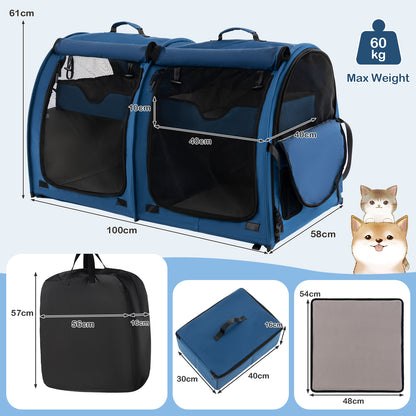 2 Compartments Pet Travel Carriers with Removable Hammocks and Mats-Navy