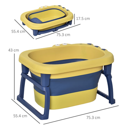 HOMCOM Baby Bath Tub for 0-6 Years Collapsible Non-Slip Portable with Stool Seat for Newborns Infants Toddlers Kids Crocodile Shape Yellow