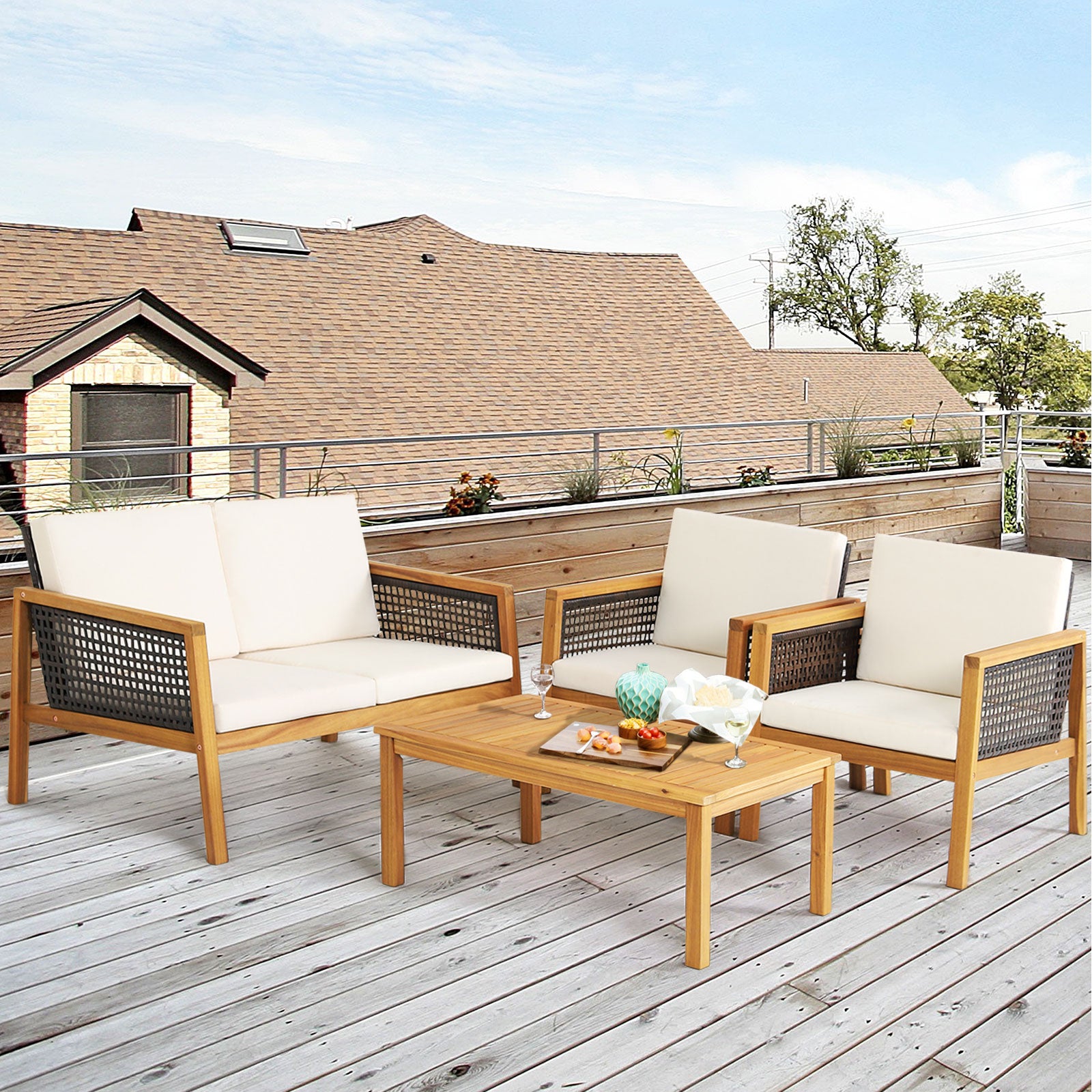 4-Piece Patio Acacia Wood Furniture Set with Removable Cushions-White