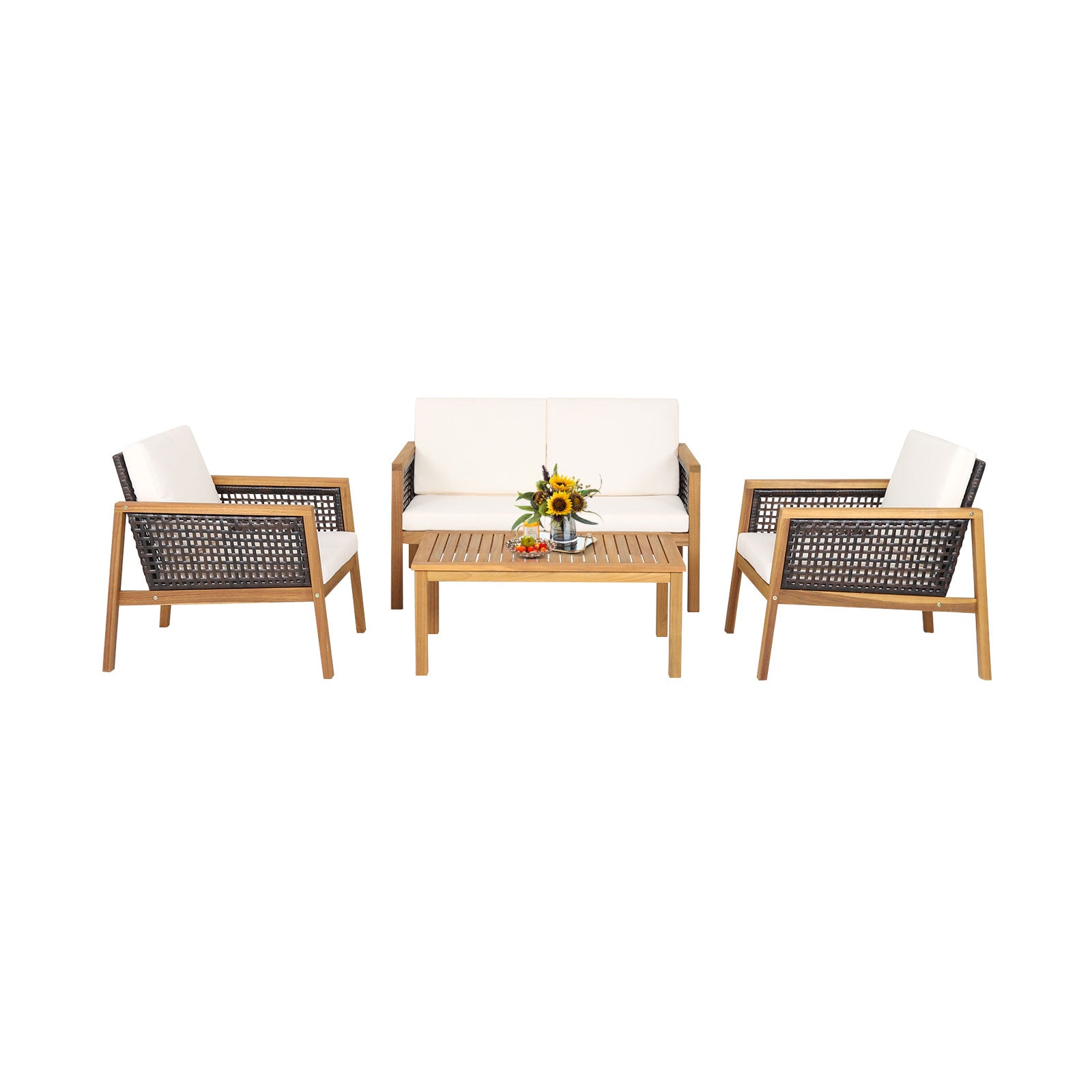 4-Piece Patio Acacia Wood Furniture Set with Removable Cushions-White