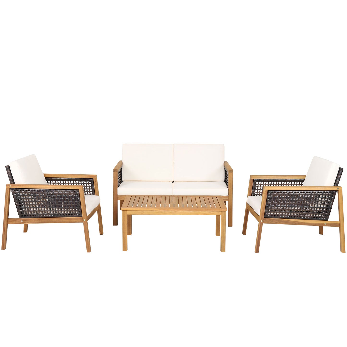 4-Piece Patio Acacia Wood Furniture Set with Removable Cushions-White