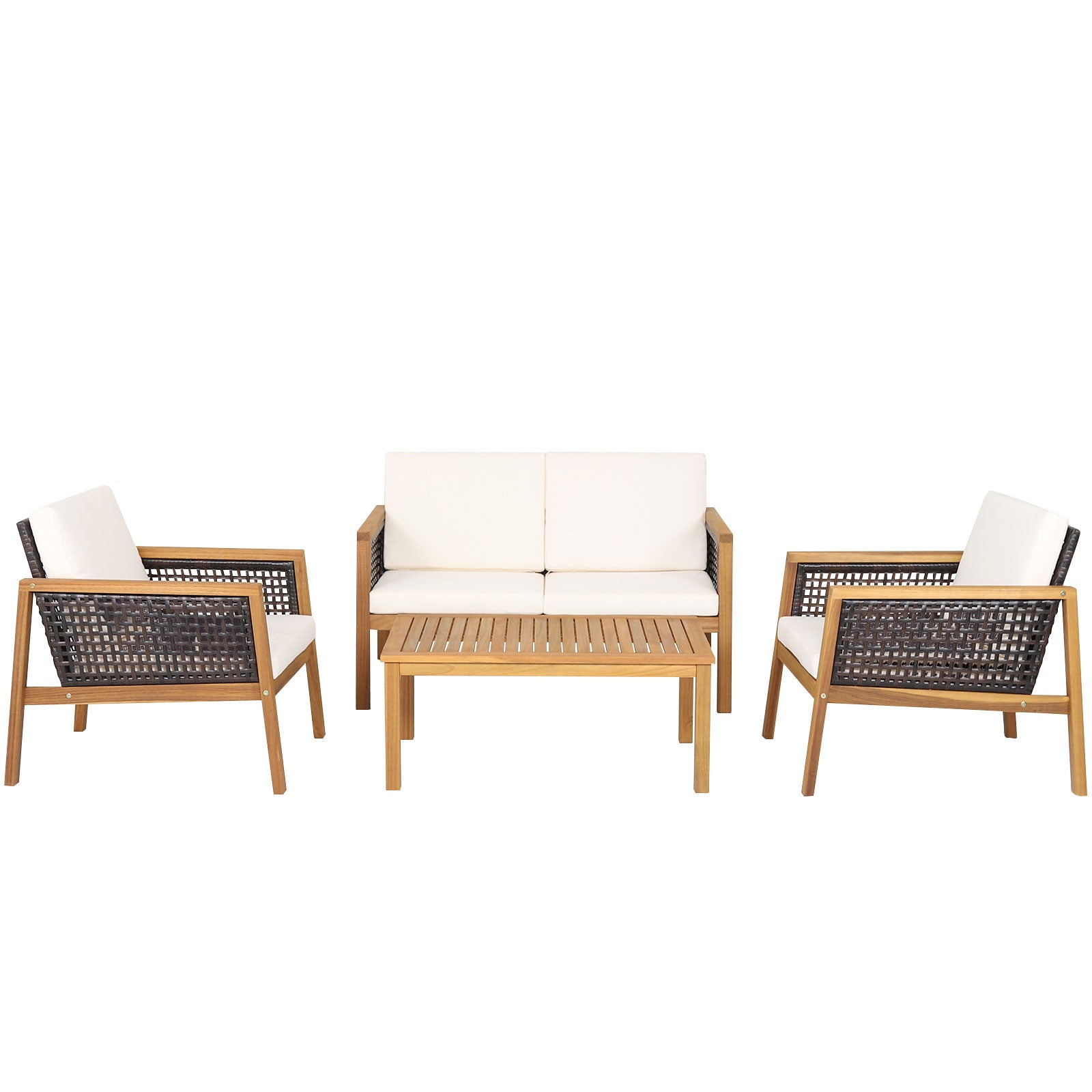 4-Piece Patio Acacia Wood Furniture Set with Removable Cushions-White